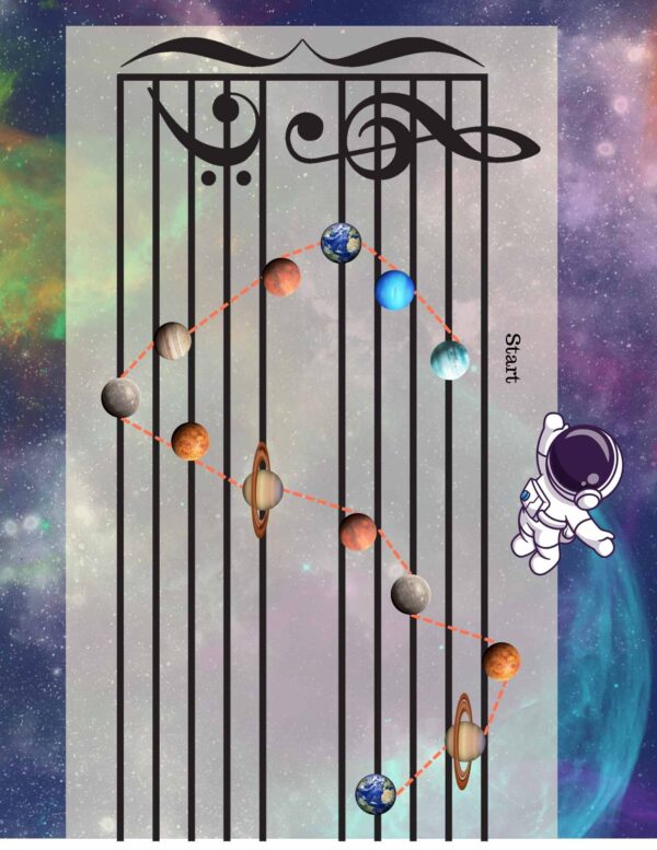 Game board with a piano staff, astronaut, and planets